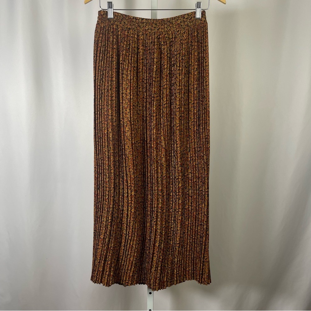 Vintage Medium Earthy Tones Pleated Maxi Skirt Artsy Boho Fruit Print